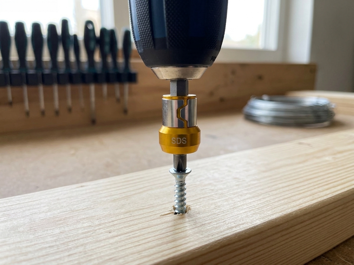 Carpenter driving a screw overhead with magnetic bit ring on a drill