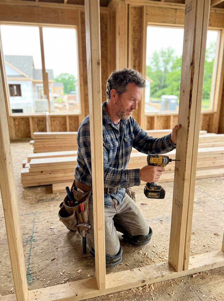 Carpenter on ladder hanging an upper cabinet overhead