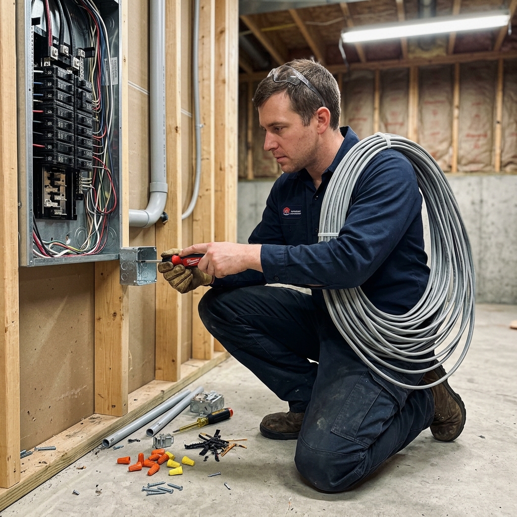 Cabinet installer kneeling during a cabinet install on a jobsite