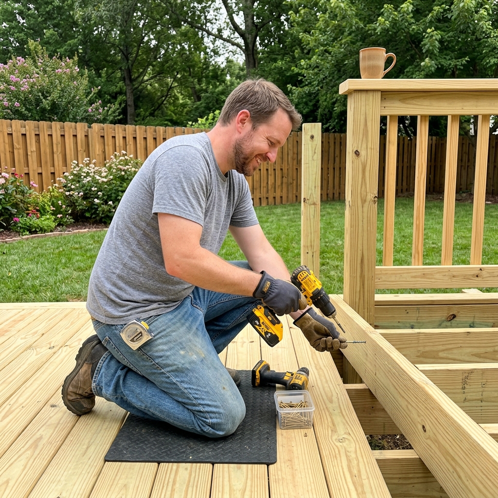Handyman driving deck screws during a deck build