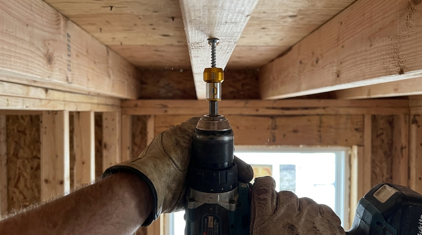 Tradesperson driving a screw overhead with MagnetoBuilt magnetic bit ring