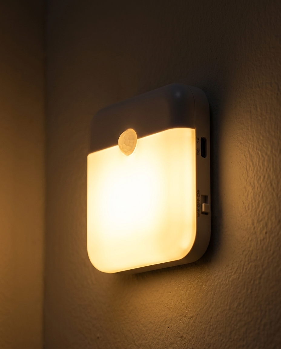 Motion sensor light close-up showing USB-C port and sensor