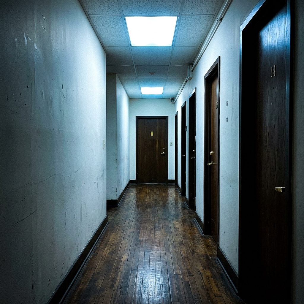 Harsh blue phone flashlight beam in dark bedroom