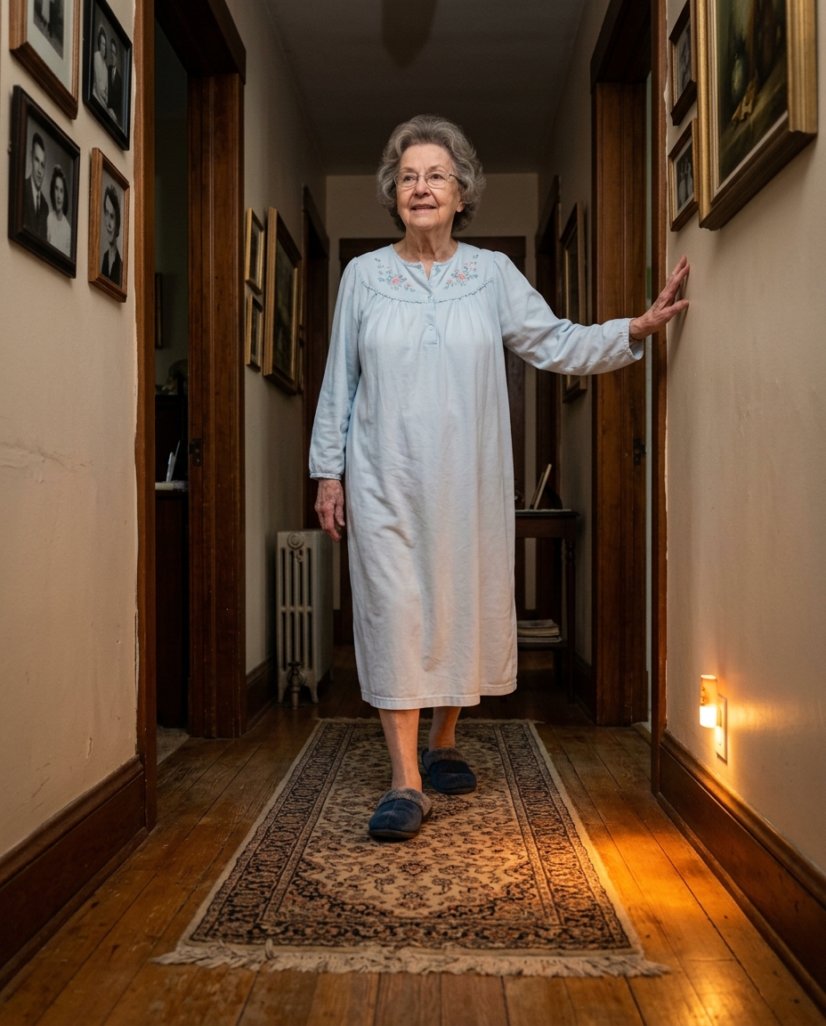 Older woman walking safely through softly lit hallway at night