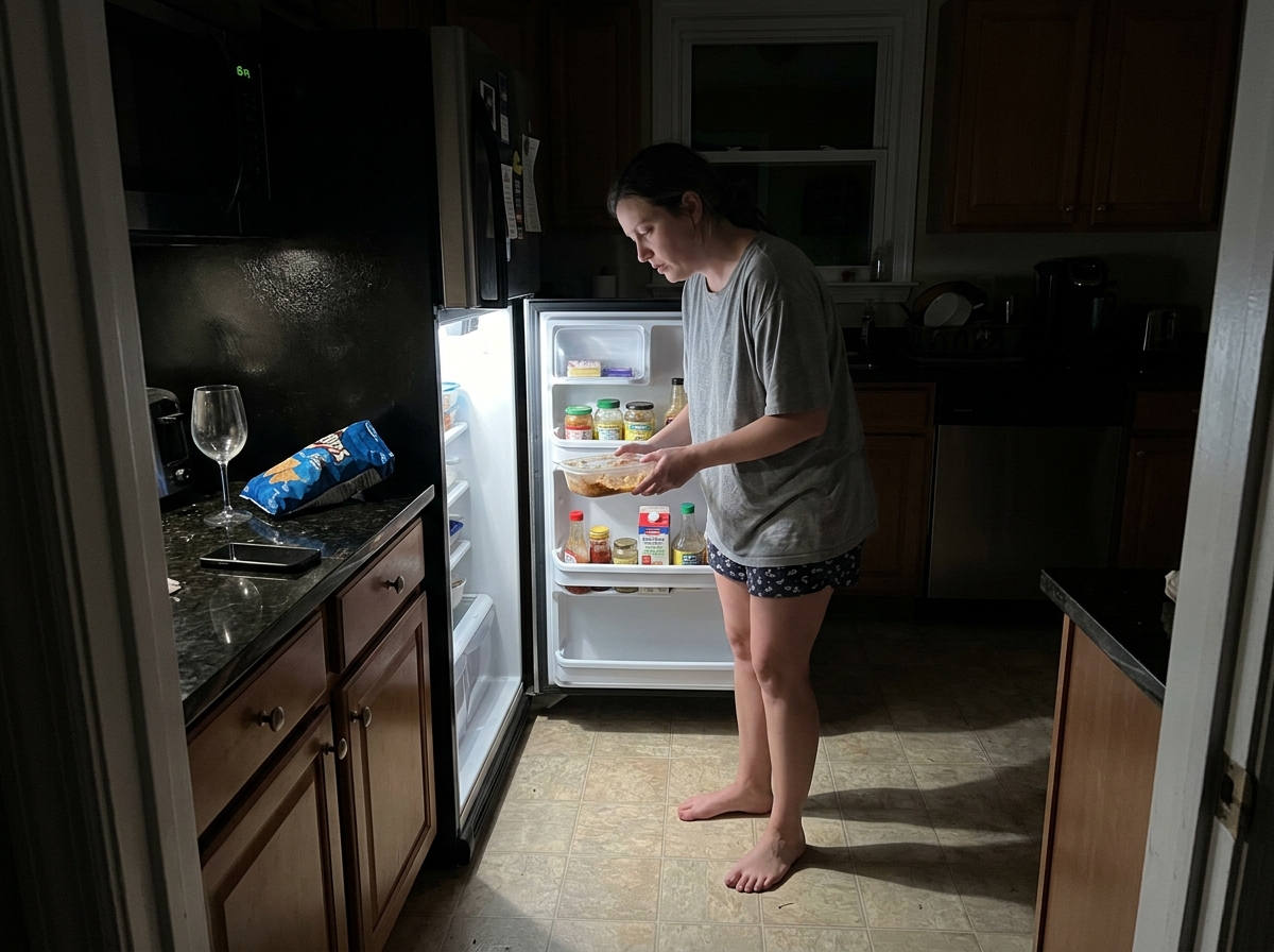 Dimly lit kitchen at night, open fridge with soft light, scene of late-night kitchen visit