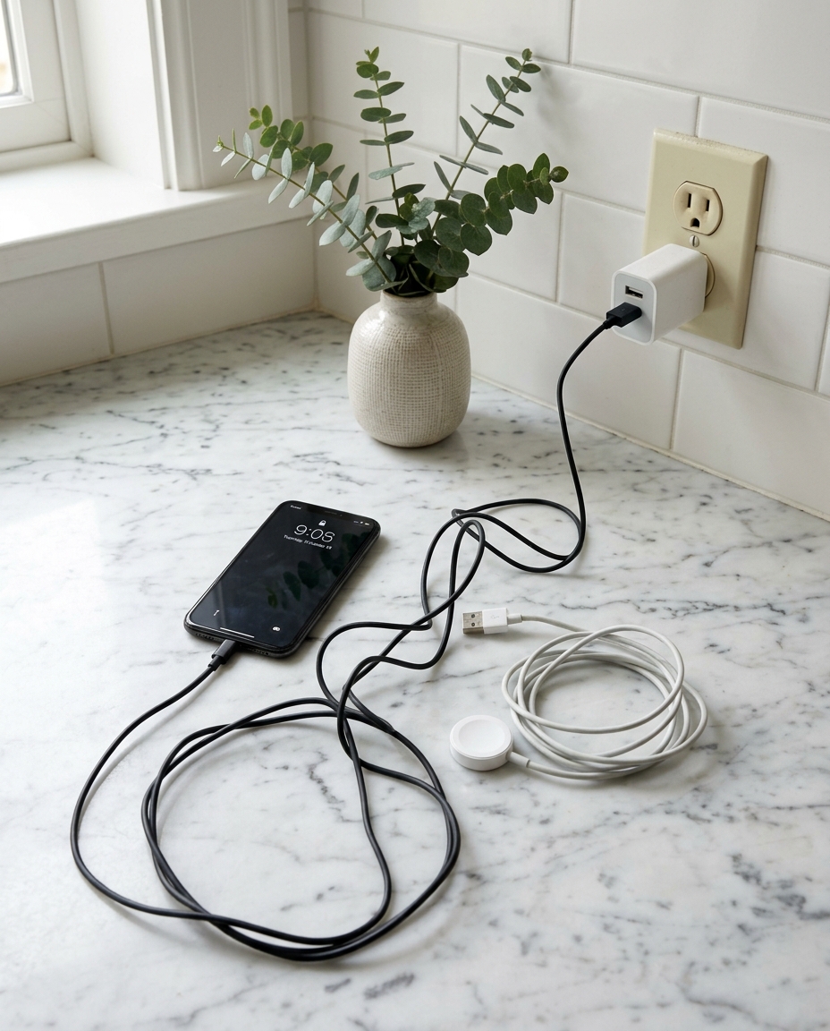 Cluttered nightstand with tangled charging cables and wall-warts