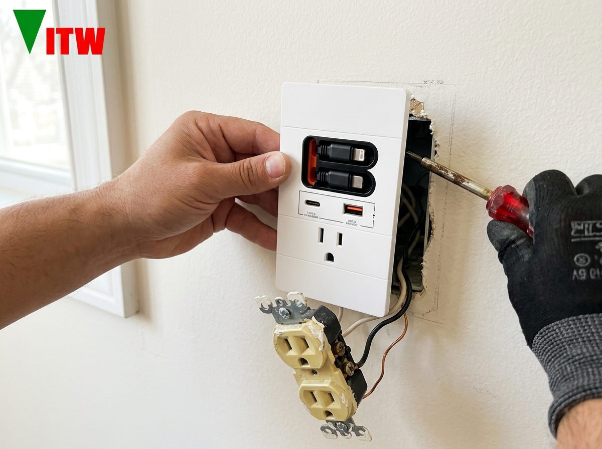 Outlet flush in wall, no cable visible
