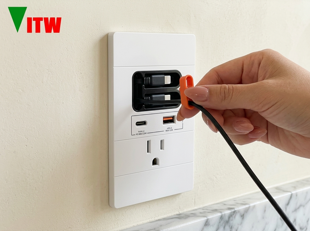 Hand pulling retractable cable out from outlet
