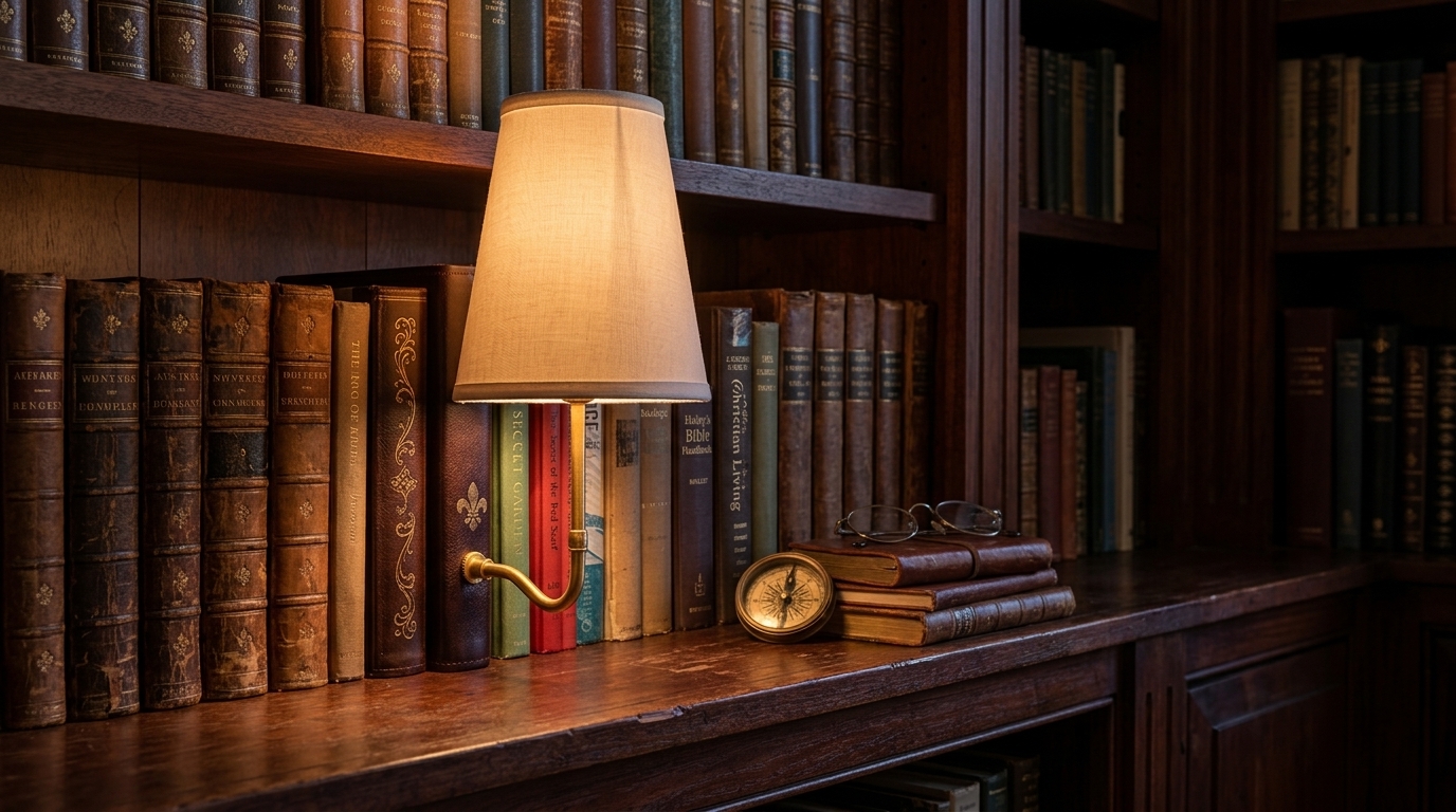 Book-stack lamp glowing warmly on a styled vintage bookshelf