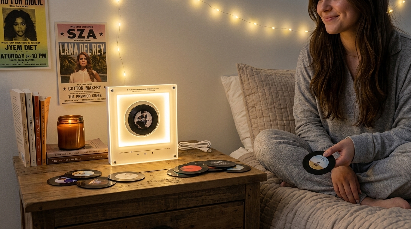 Vinyl Mini glowing on a styled bedroom shelf