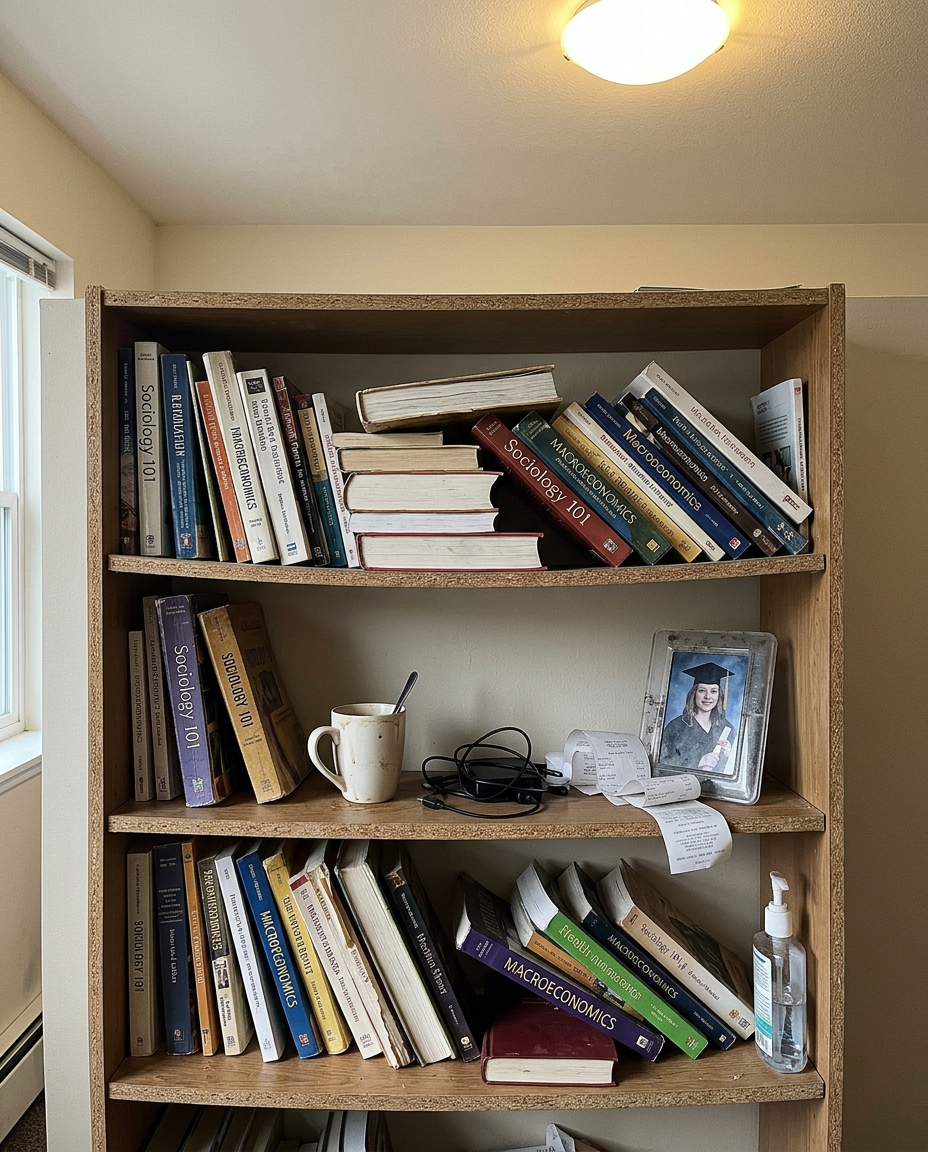 Unfinished apartment bookshelf in flat overhead lighting