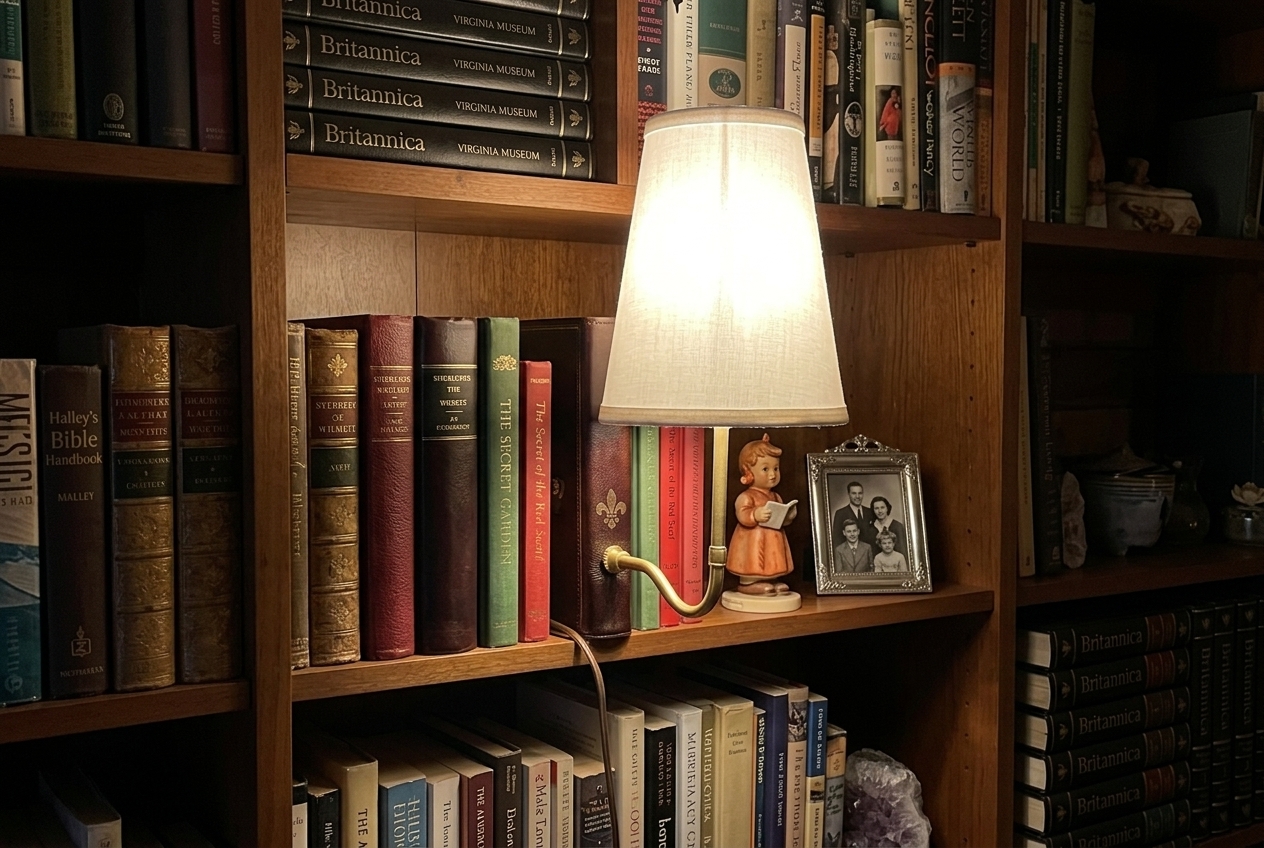 Book-stack lamp glowing warmly on a finished bookshelf at evening