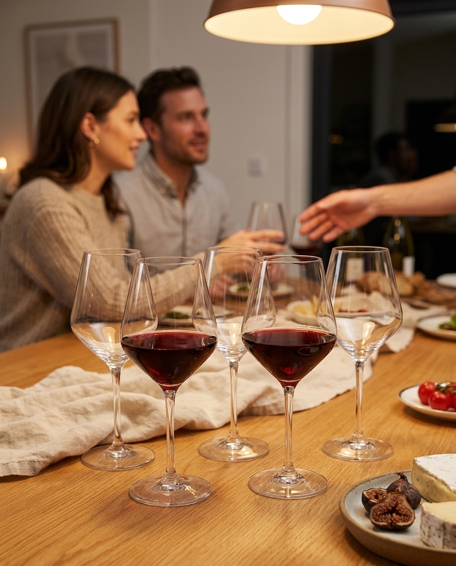 Stemmed wine glass with red wine on a warm wood dining table in soft evening light