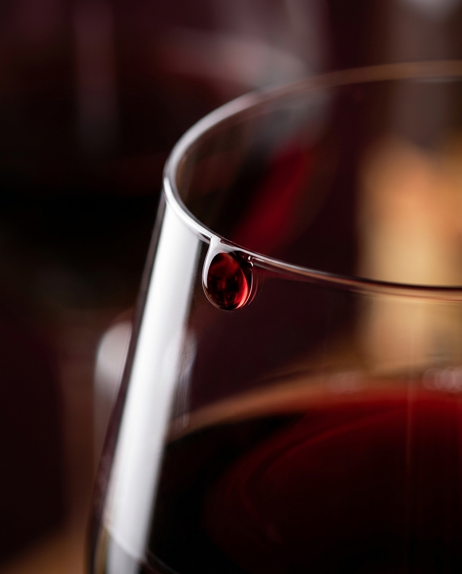 Macro close-up of the rim of an Unbreakable wine glass with a single bead of red wine, backlit for clarity