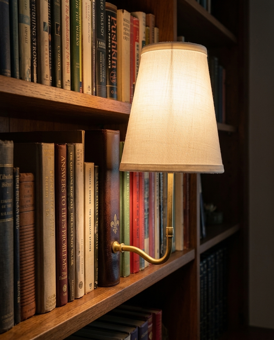 Same bookshelf after the lamp was added, glowing warmly