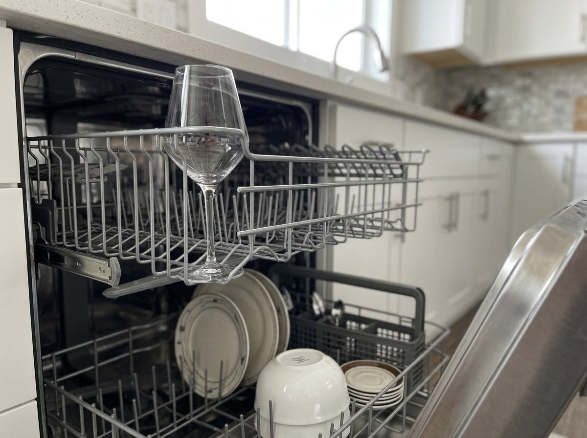 Wine glass on the top rack of an open dishwasher among everyday dishes