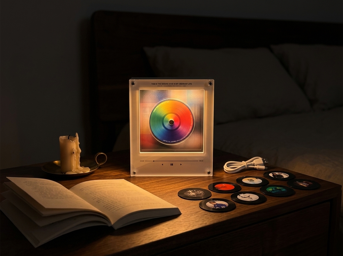 Vinyl Mini frame, glowing platter, speaker close-up