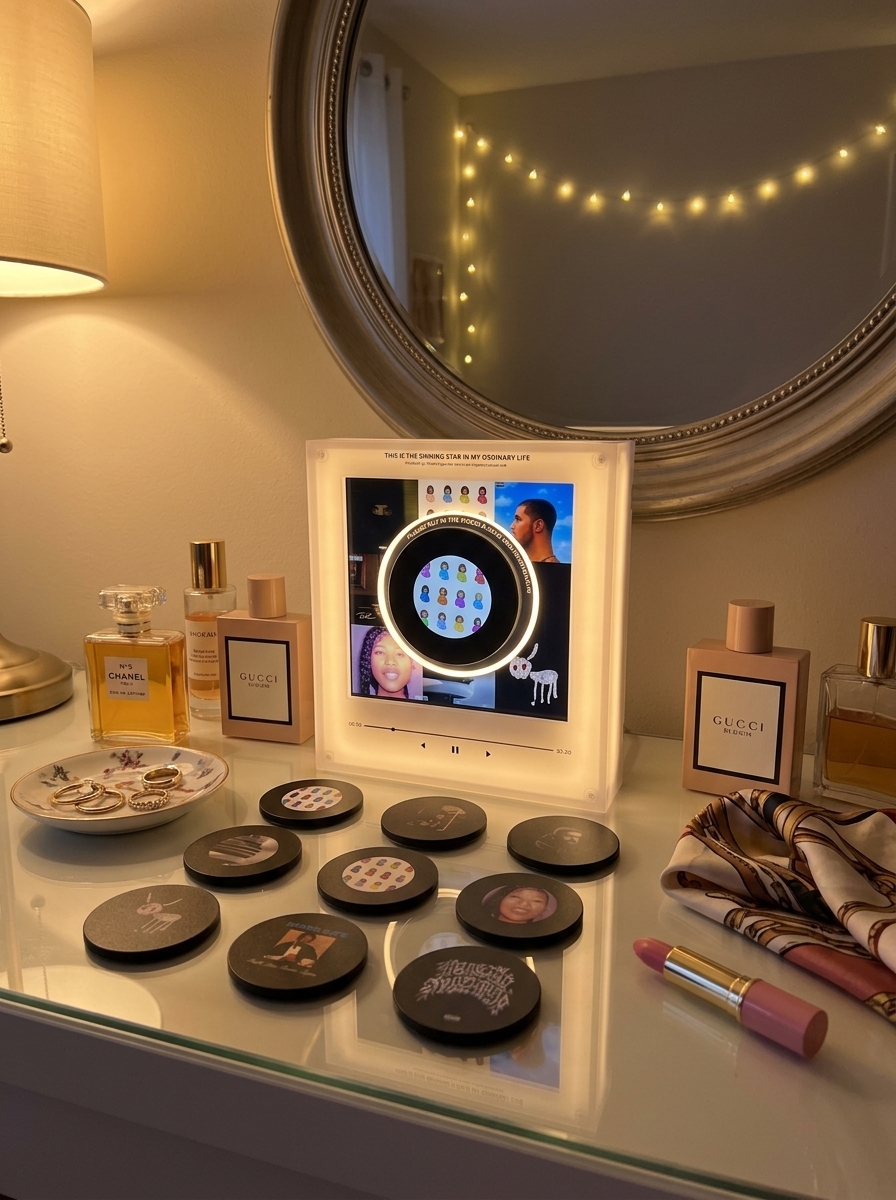 Vinyl on warm-lit nightstand