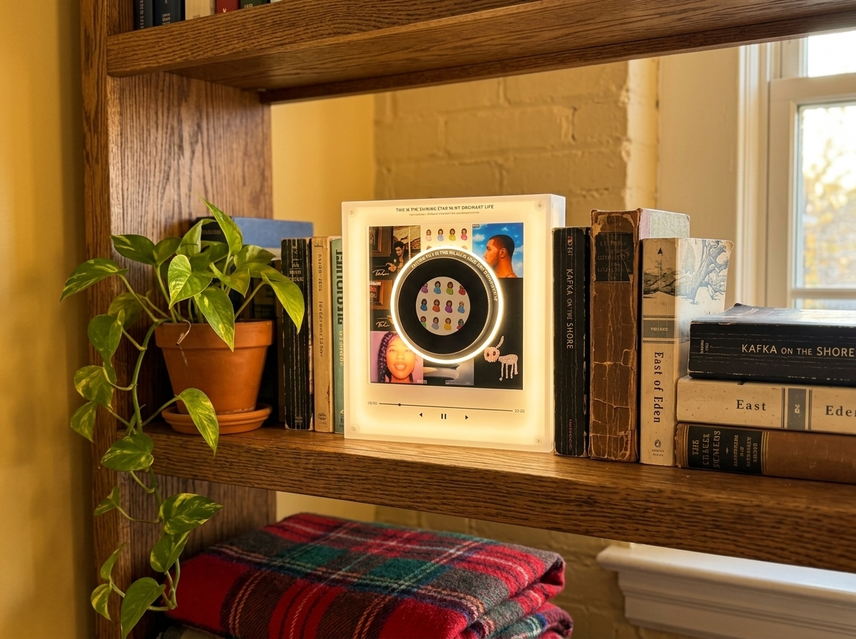 Vinyl on boho shelf with plants