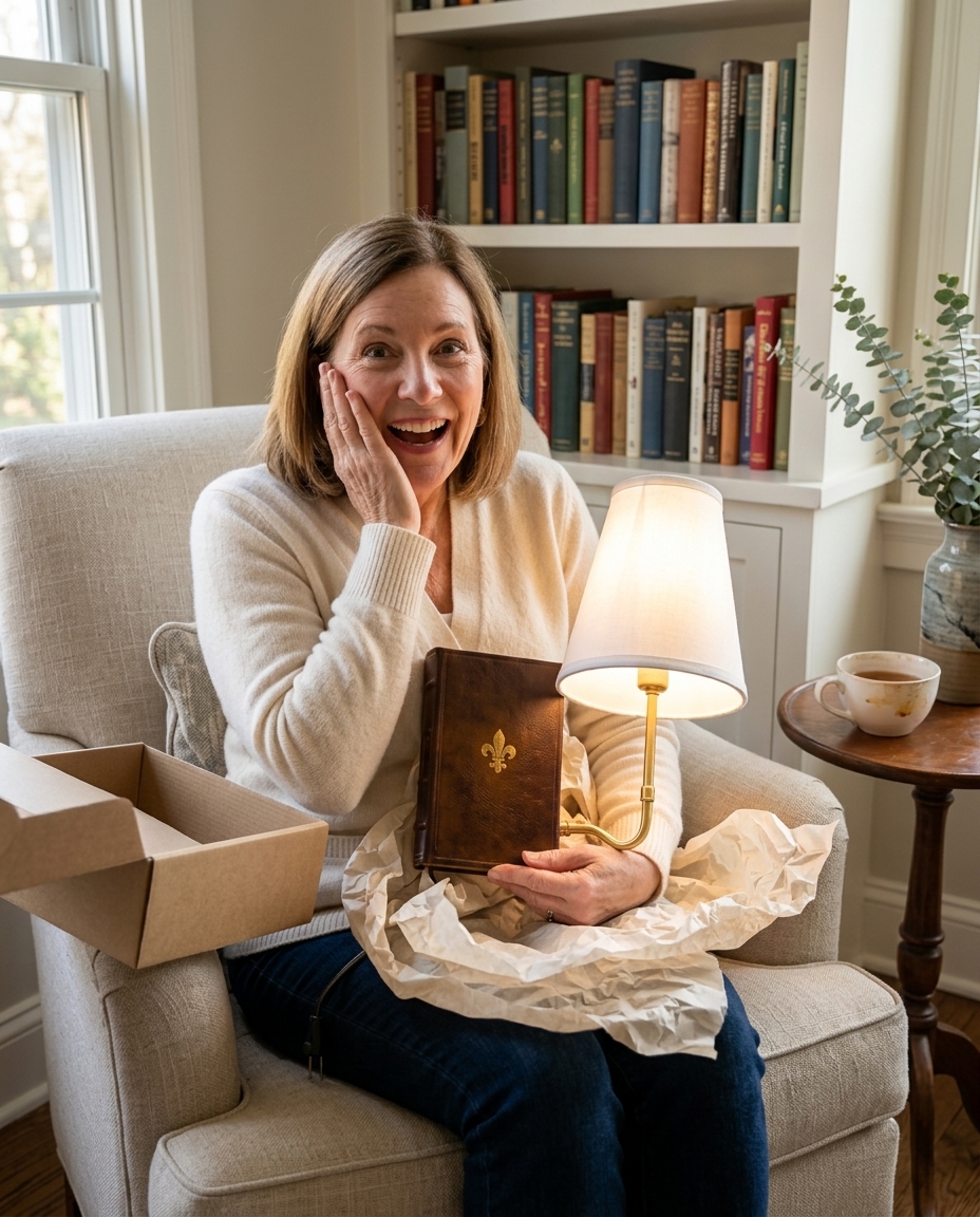 The lamp presented as a gift, partially unwrapped