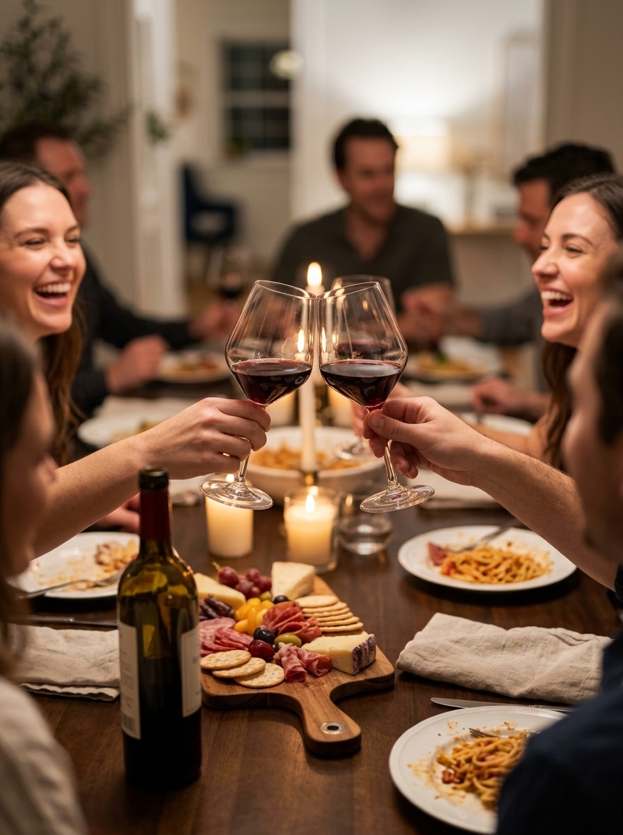 Candlelit dinner table at night with two stemmed wine glasses of red wine, intimate evening setting
