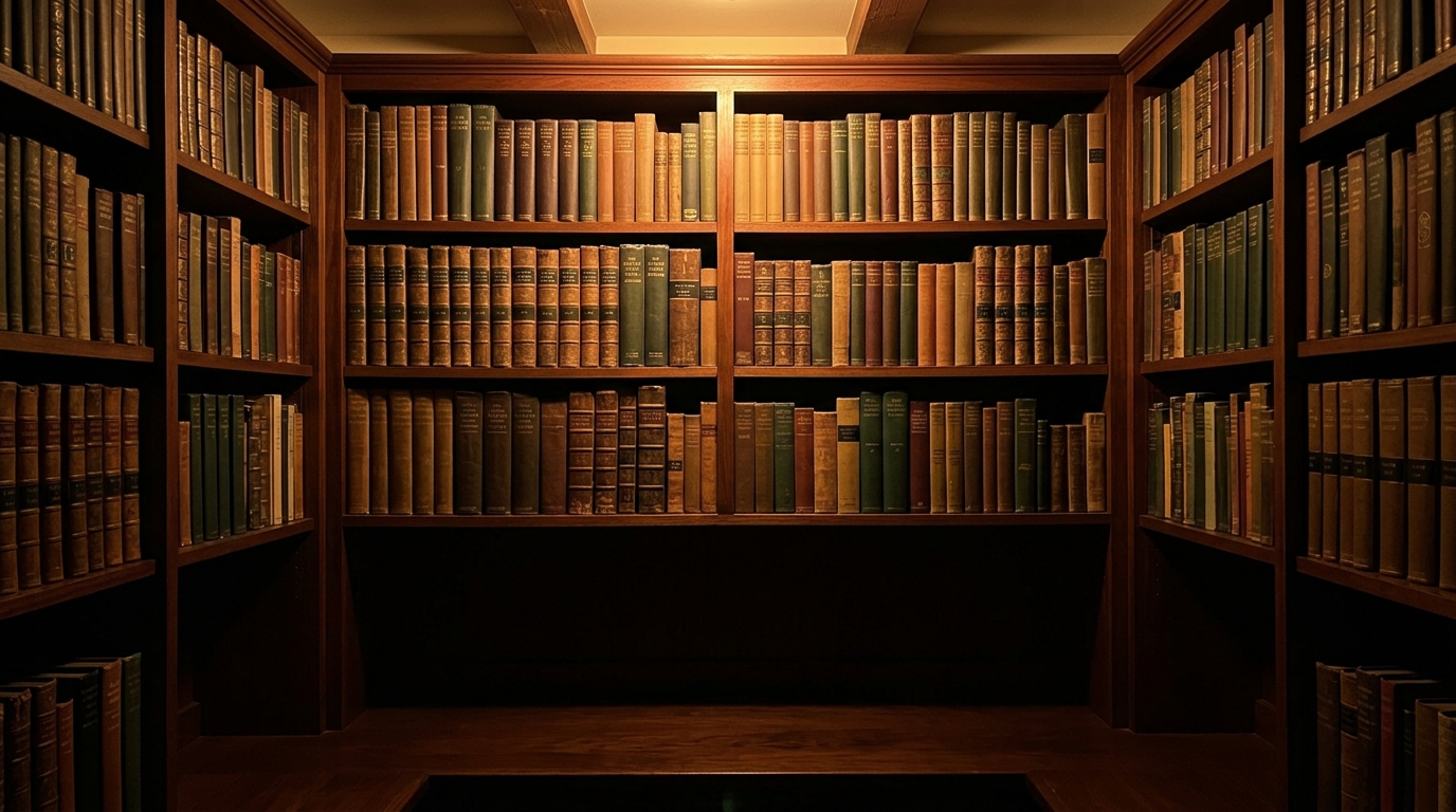Lamp glowing on a styled bookshelf, callback to the hero environment