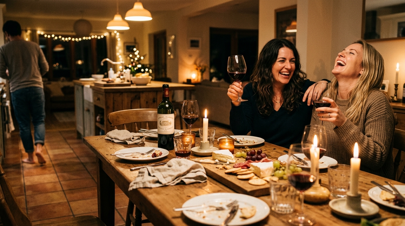 Stemmed wine glass with red wine on side table, soft evening light, intimate adult ritual setting echoing the hero