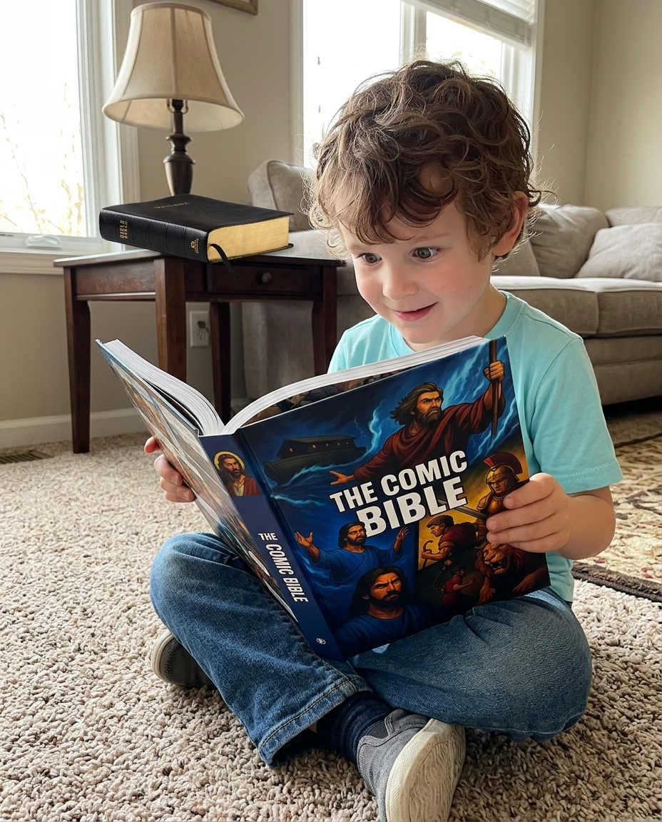 Adult reader holding the open Comic Bible at home