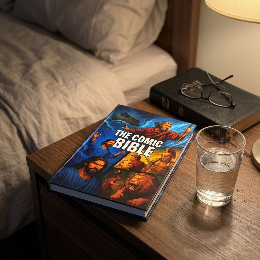 A leather Bible resting unopened on a nightstand