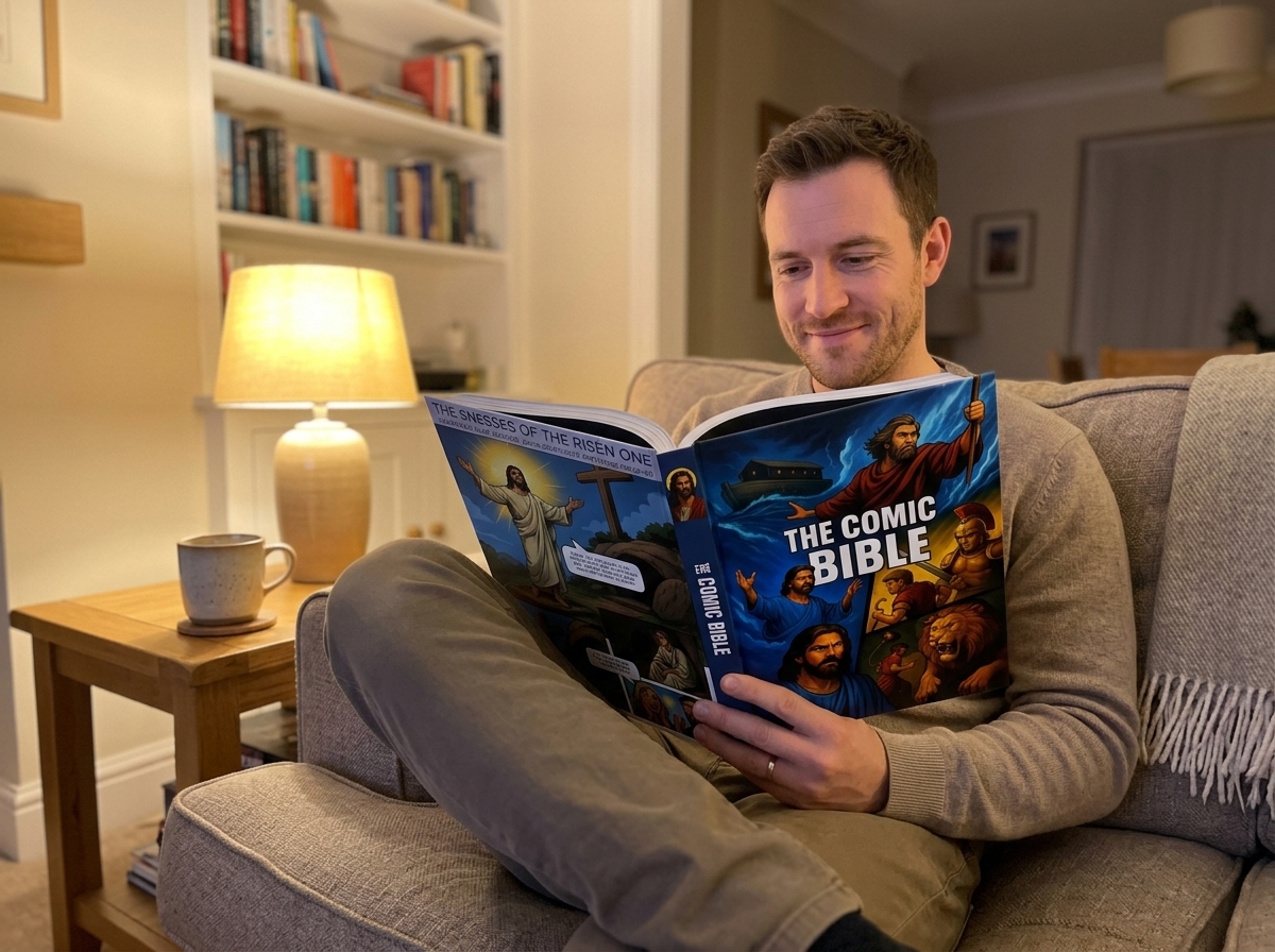 Adult woman reading the Comic Bible on the couch