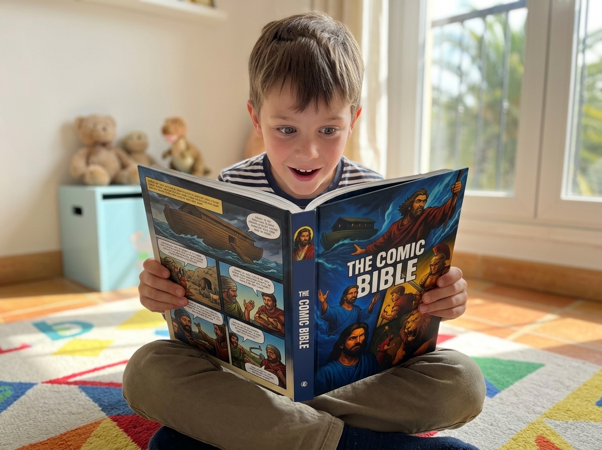 Kid reading the Comic Bible voluntarily