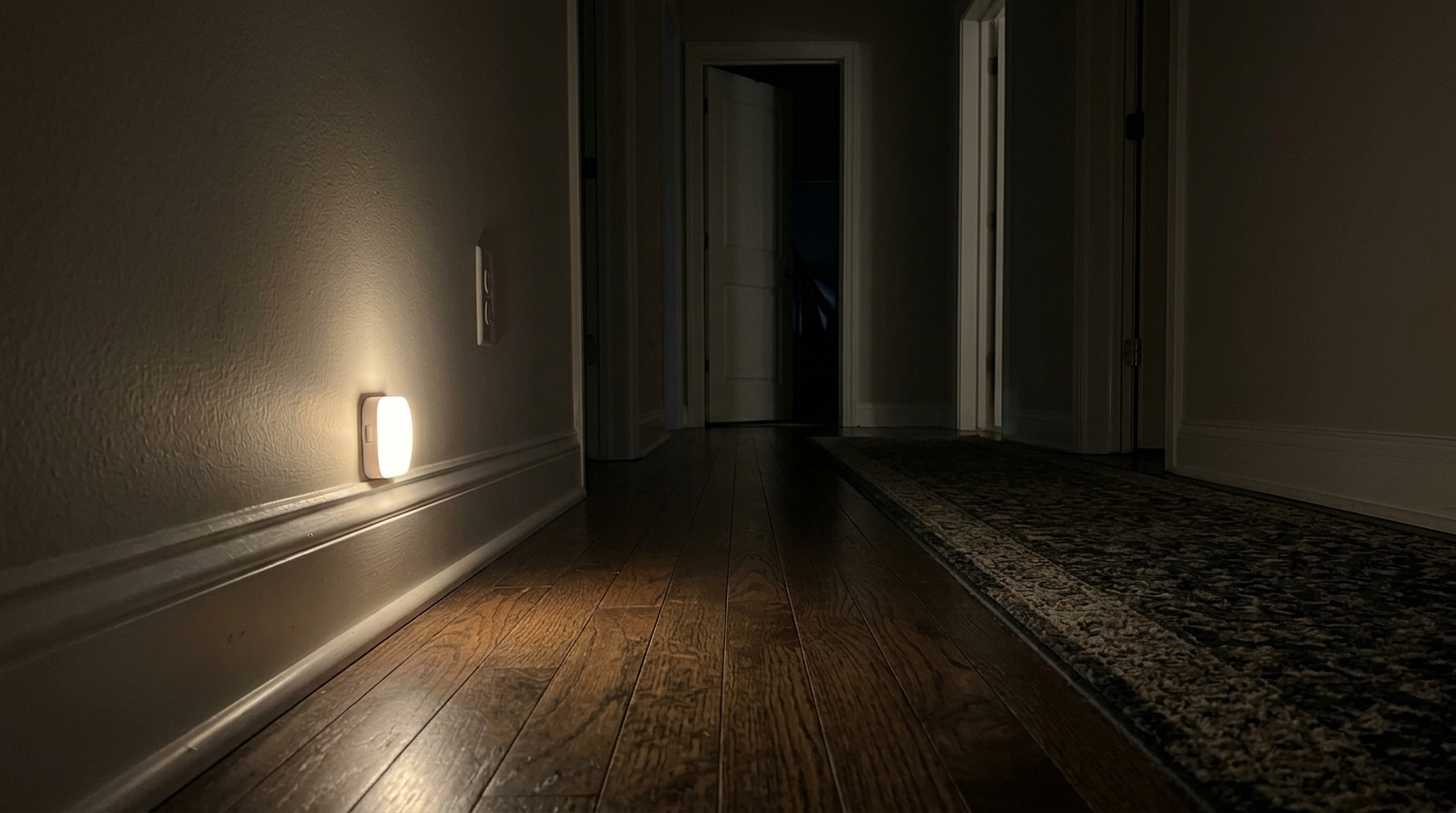 Warm motion sensor night light glowing in a dark hallway