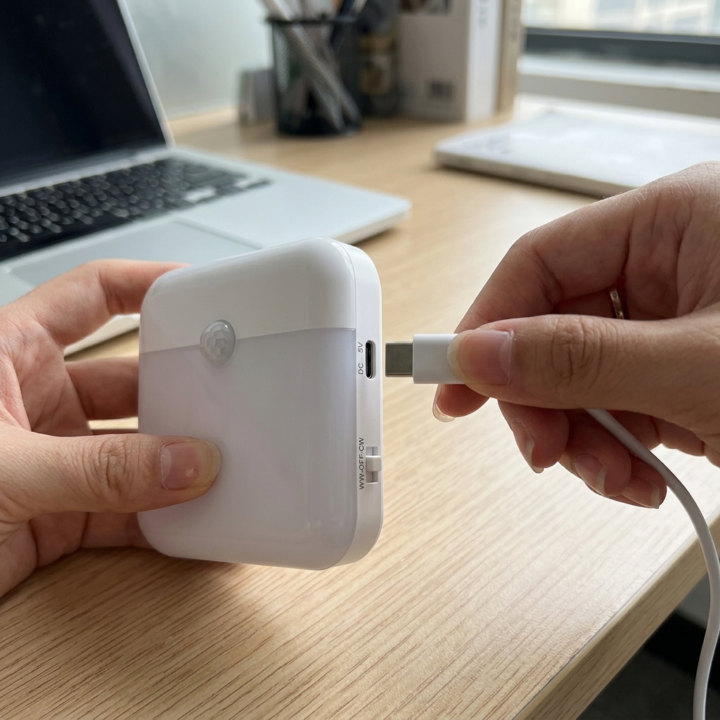 USB-C cable plugged into the motion light