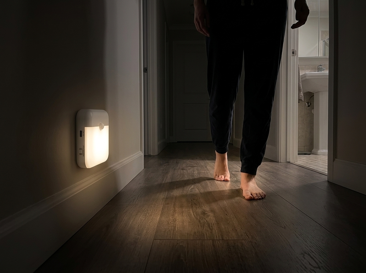 Motion sensor light glowing softly in a dark hallway