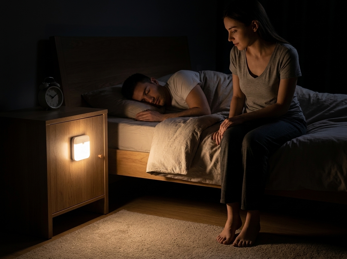 Motion sensor light glowing softly in a dark hallway