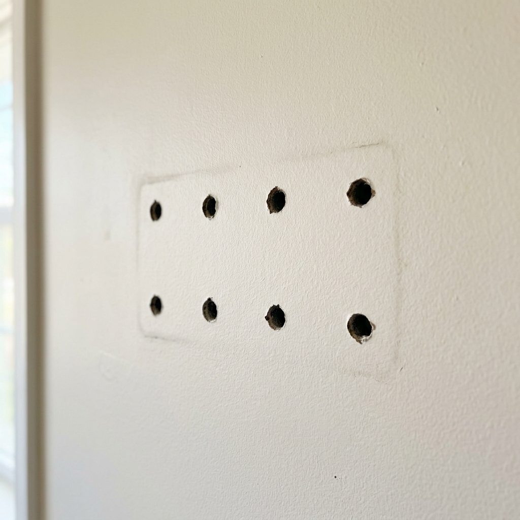 Before: Eight TV-mount holes. Gone.