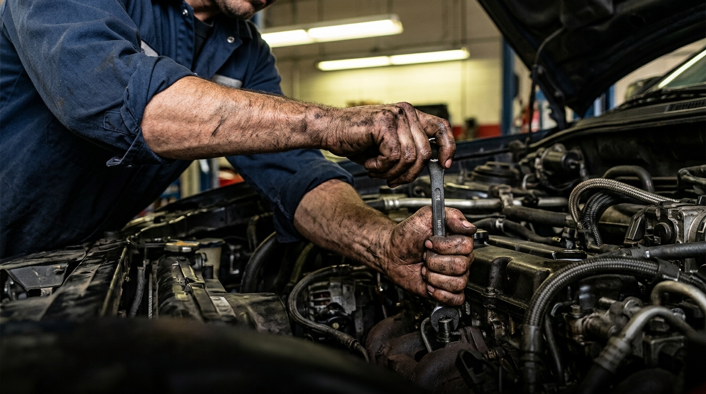 Mechanic hands holding wrench