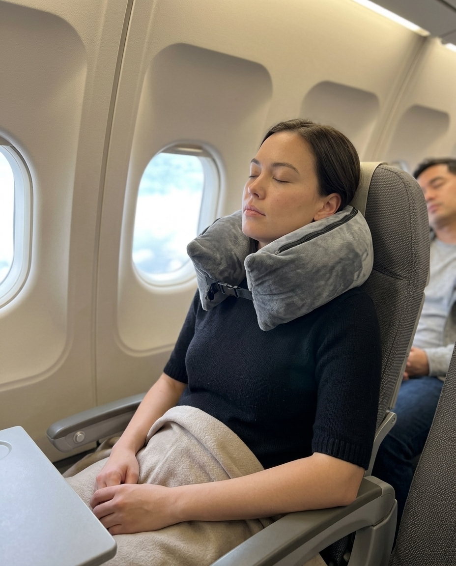 Venator travel pillow on flight