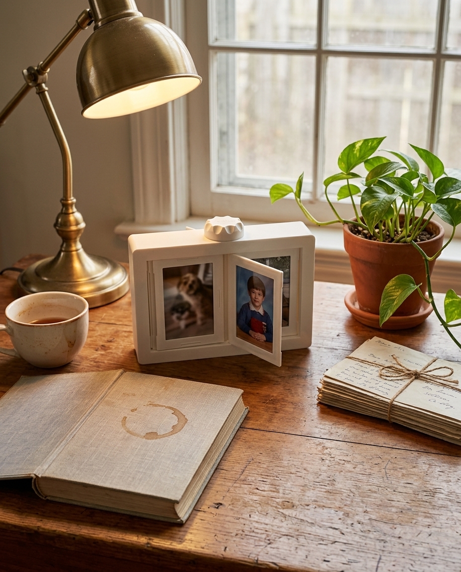 Wooden rotating photo frame on a warm desk with family photos