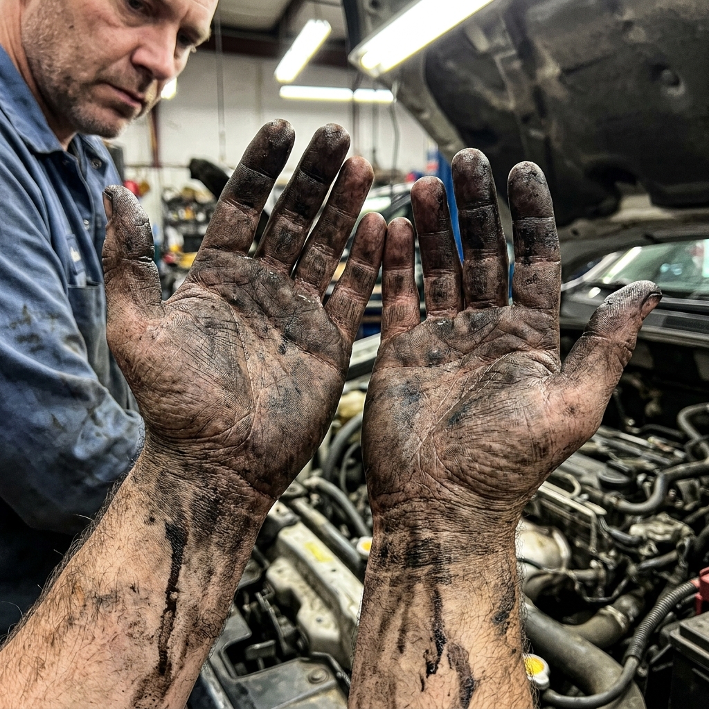 Oil-stained hands scrubbing in a kitchen sink