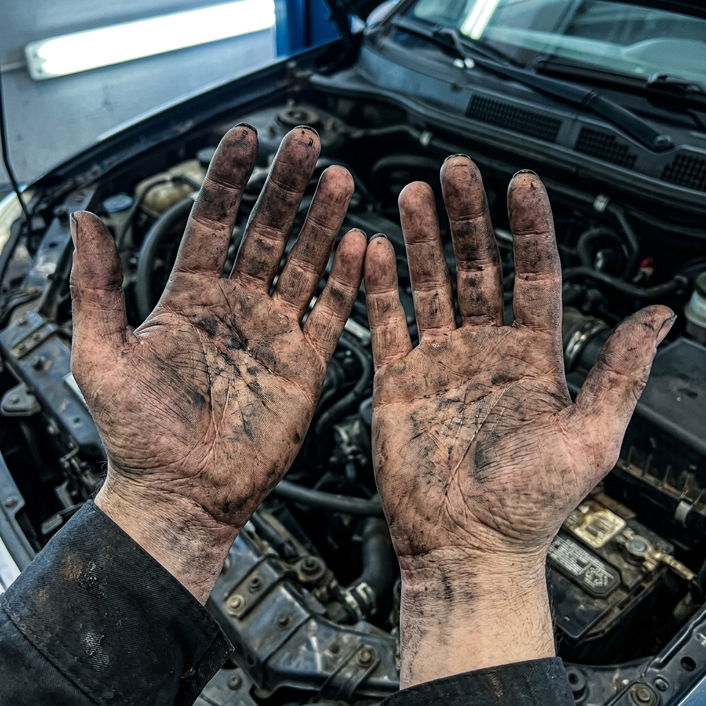 Mechanic hands stained with grease and diesel