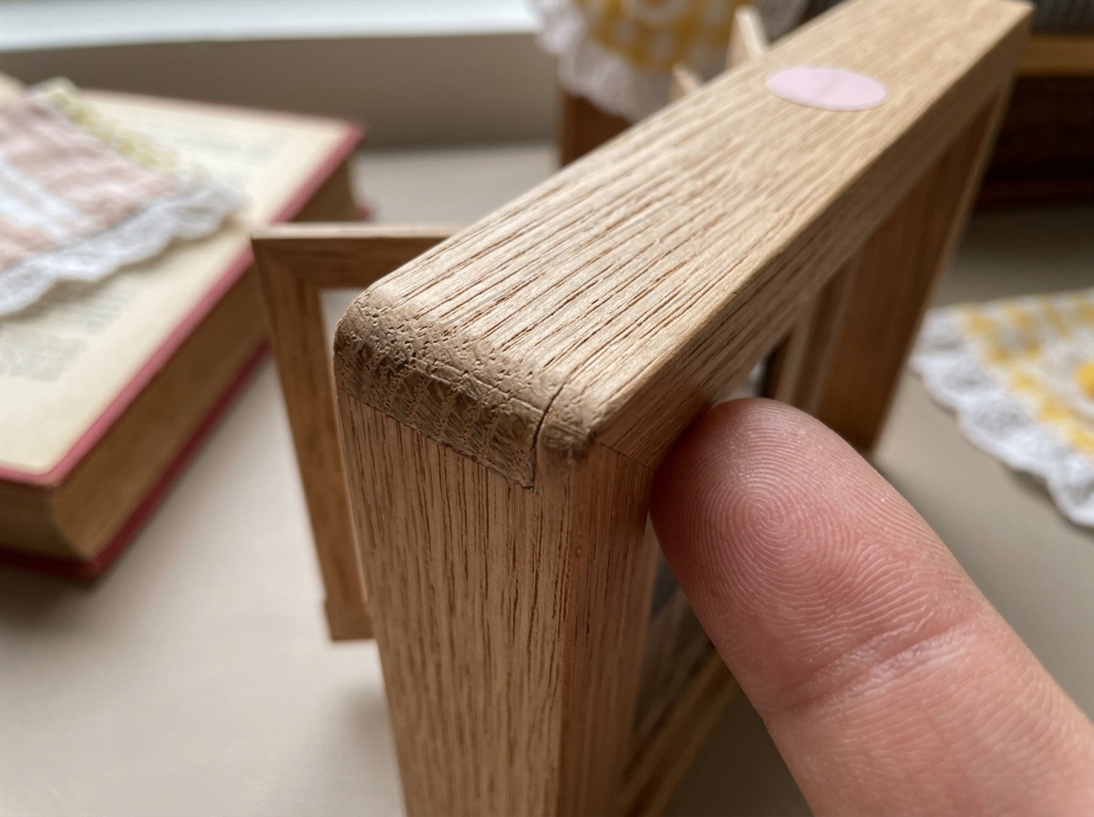 Close-up of the wooden frame's grain and finish
