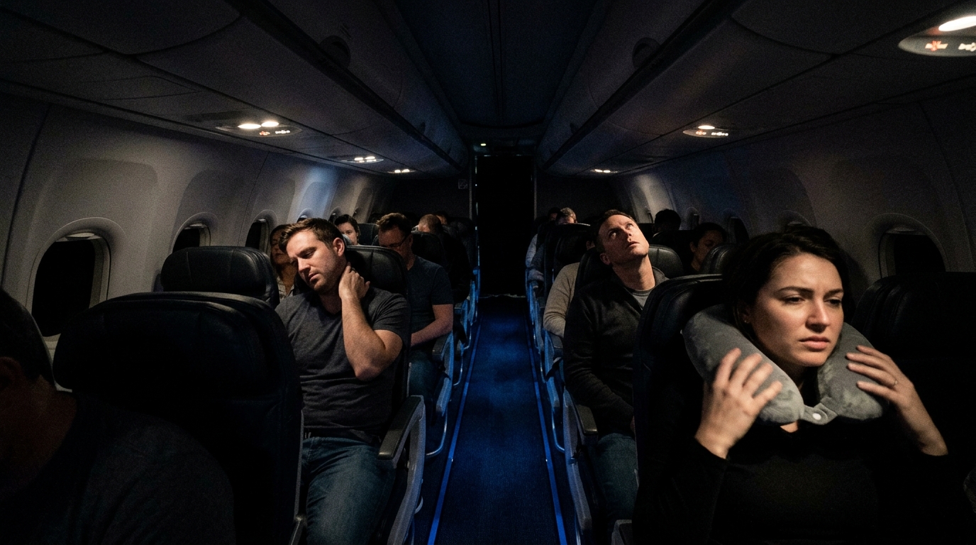 Traveler asleep on red-eye flight with Venator pillow