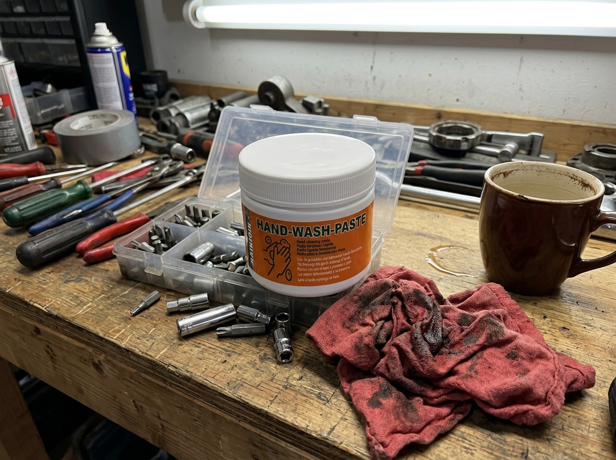 Mechanic hand with Venator tub on workbench