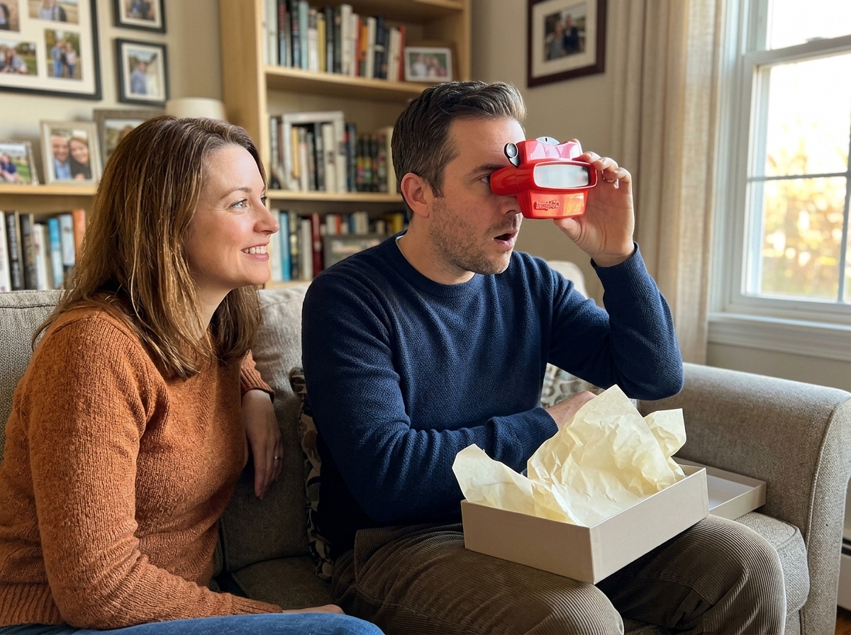 Couple in their 40s, husband holding viewer to eyes