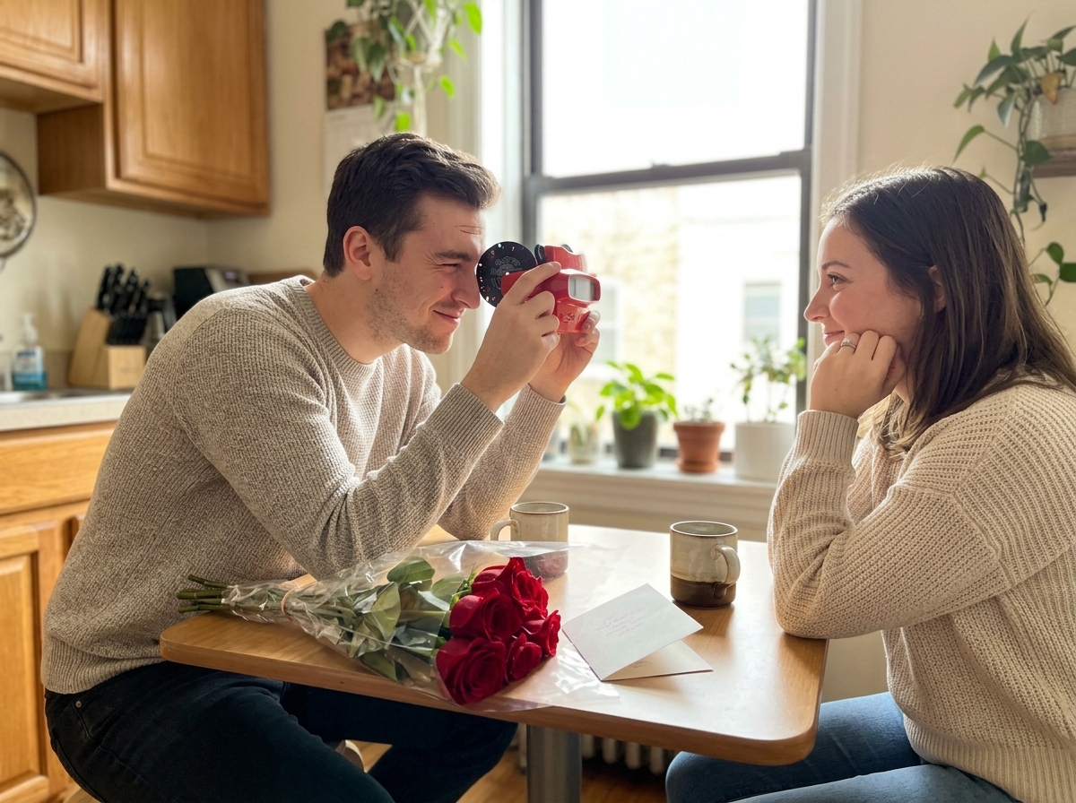 Young couple, woman watching boyfriend's reaction