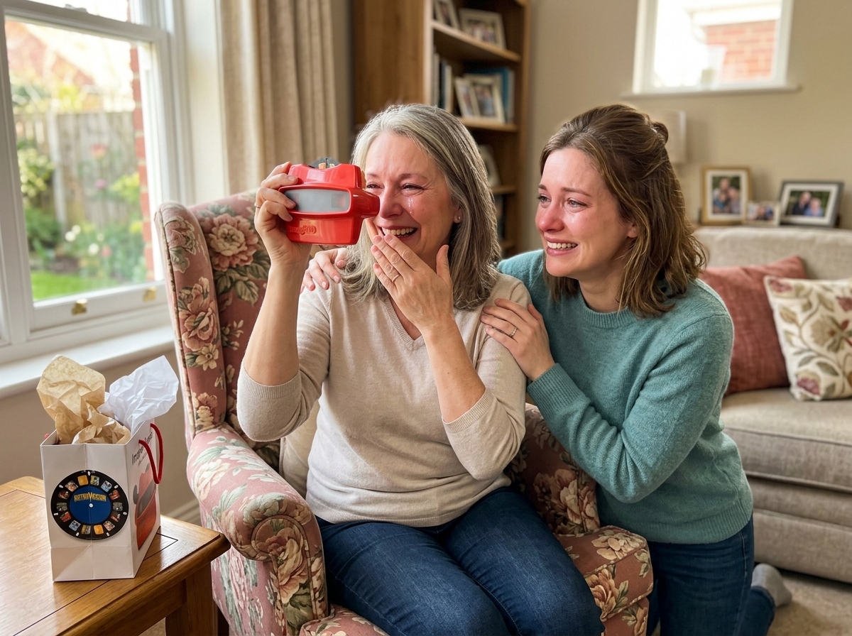 Adult daughter giving viewer to mother in her 60s