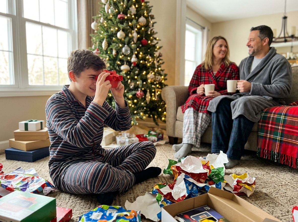 Husband on Christmas morning, viewer in hand, wife beside him