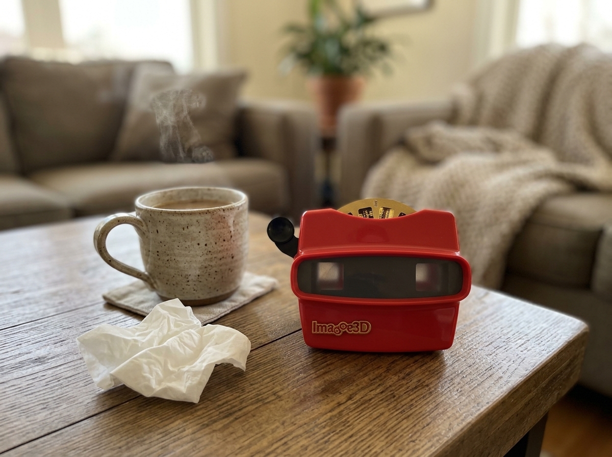 Husband holding photo viewer to eyes mid-reaction