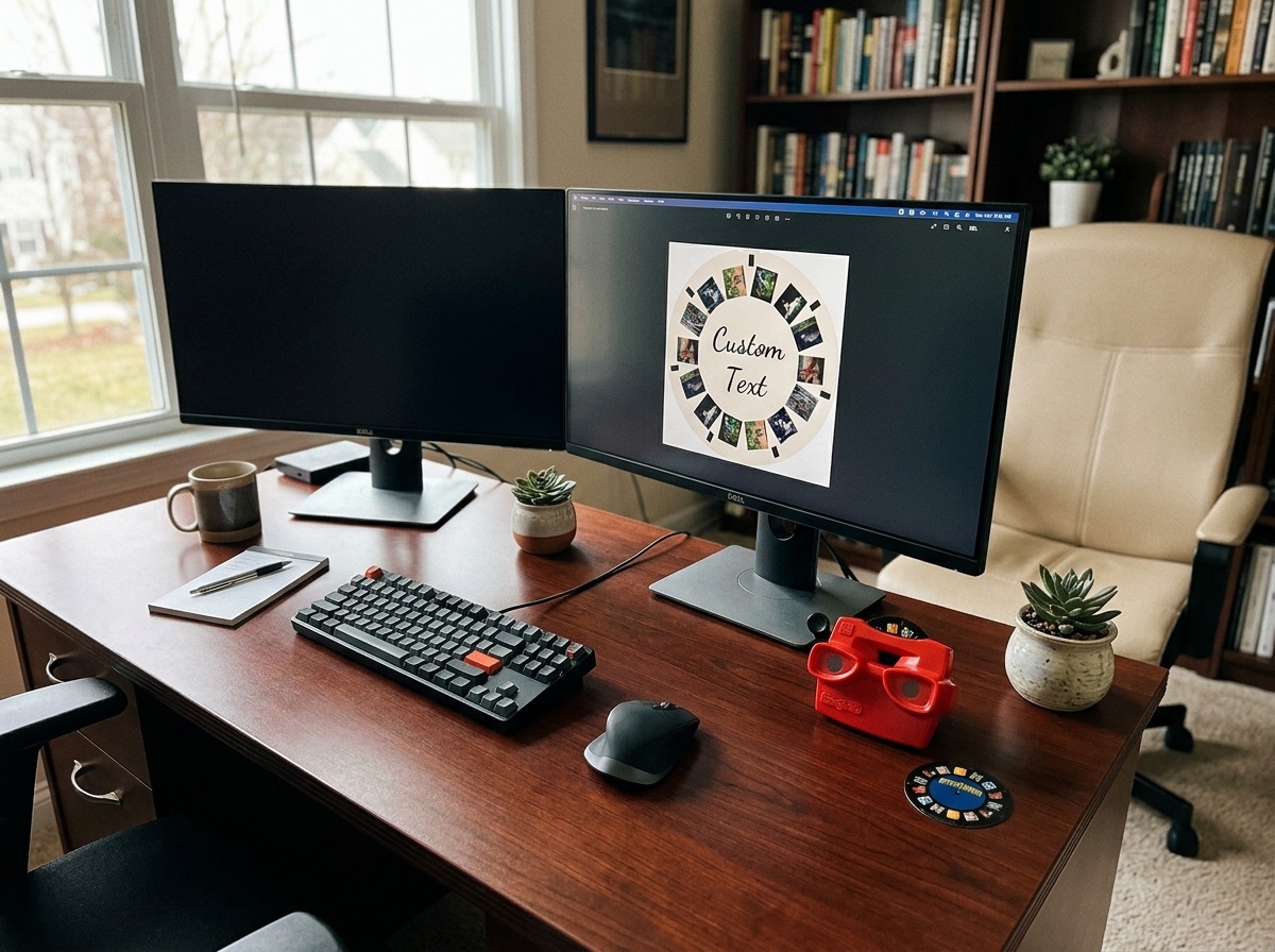 Photo viewer on a wooden office desk next to a coffee mug